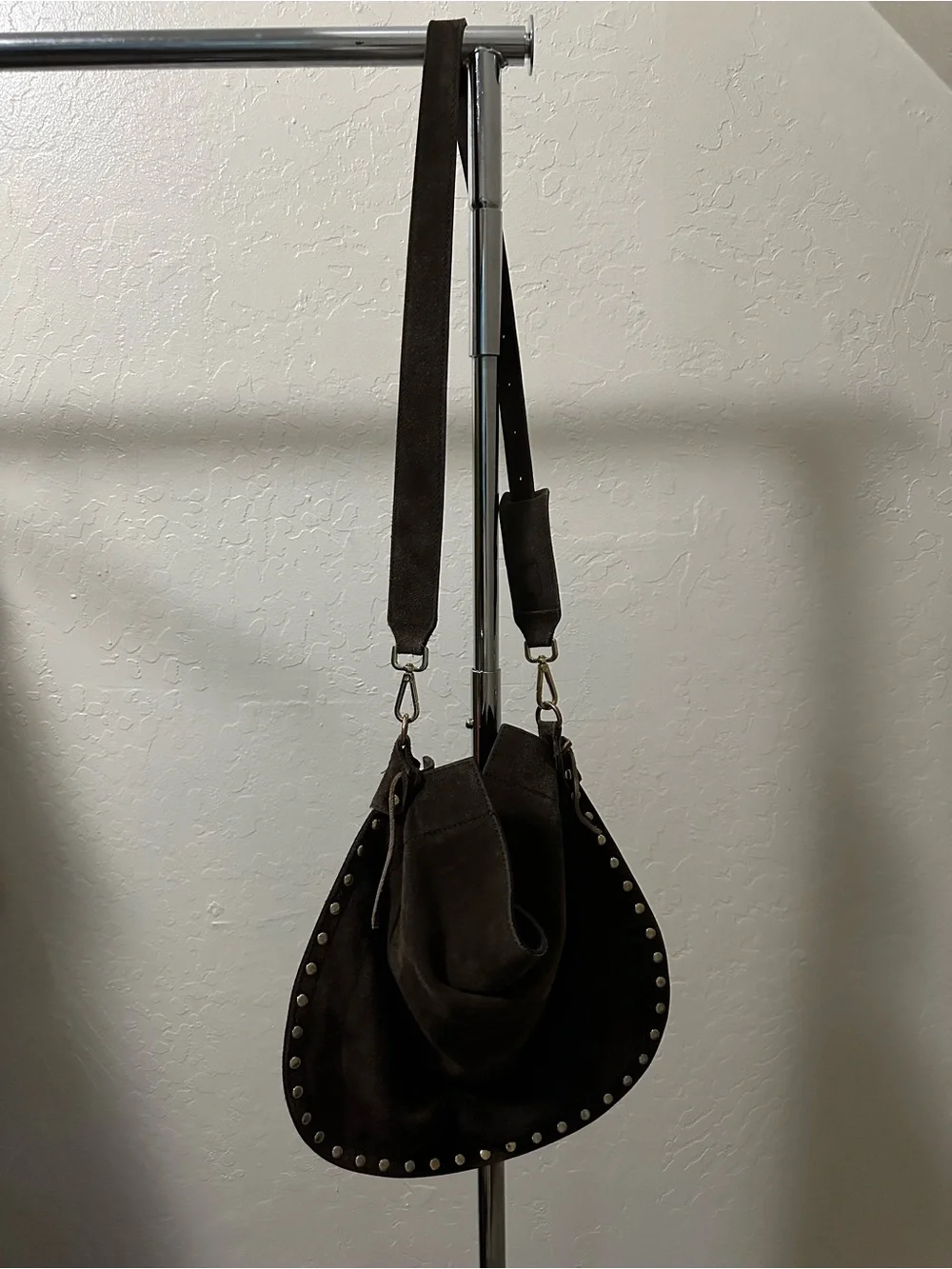 Stud-Trim Suede Hobo Shoulder Bag - Dark Brown